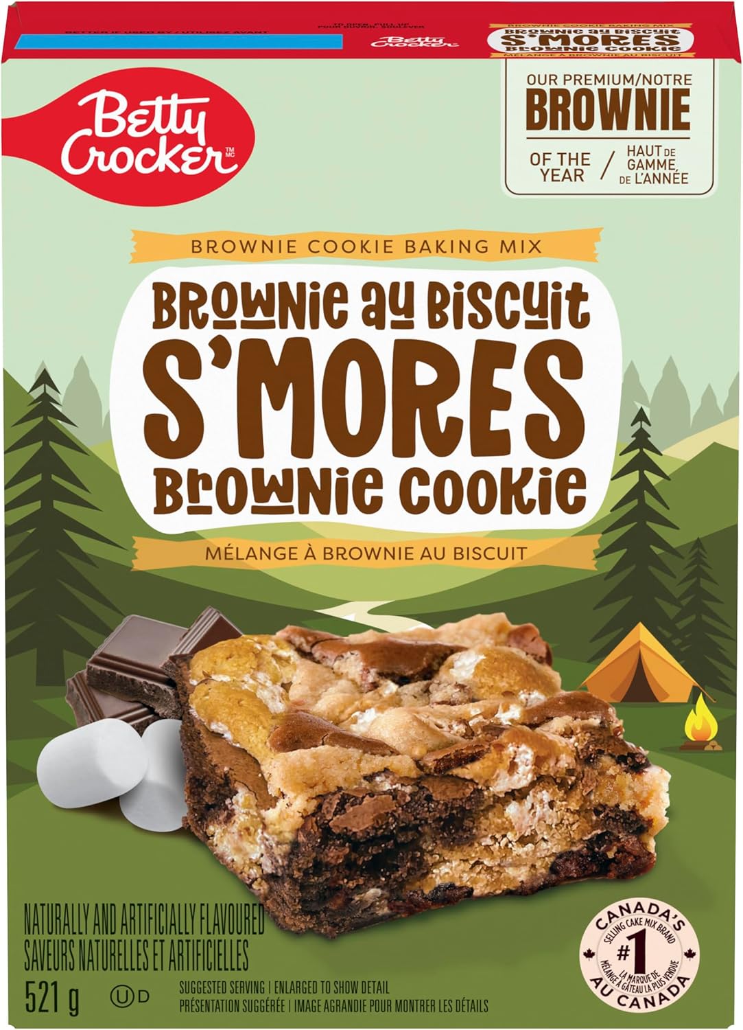 Betty Crocker S'mores Brownie Cookie baking mix packaging with a green background and chocolate bar image.