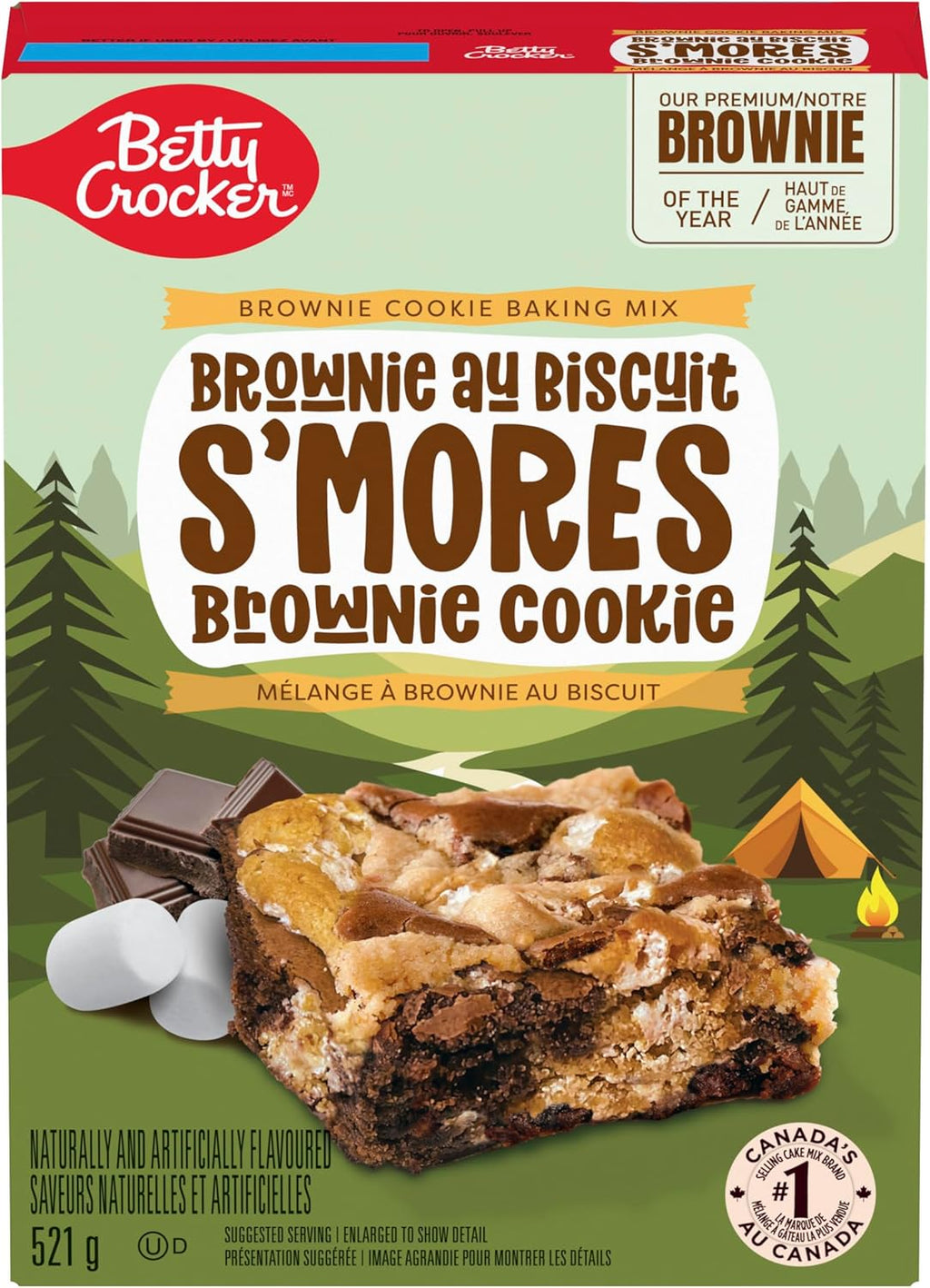 Betty Crocker S'mores Brownie Cookie baking mix packaging with a green background and chocolate bar image.
