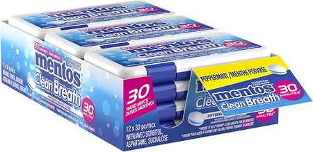 Mentos Clean Breath Mints, Peppermint, 30pc/12 Pack, front of package.