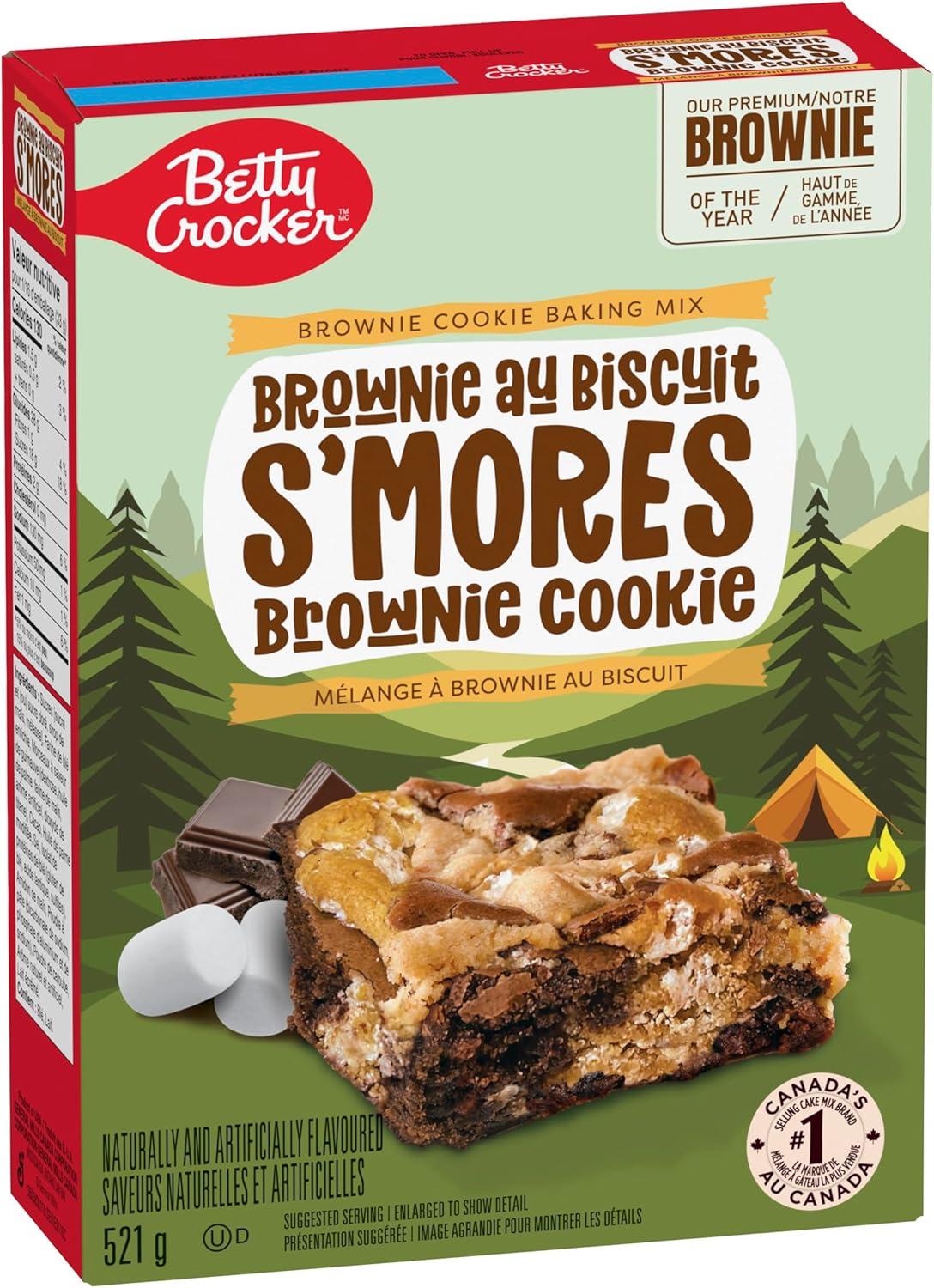 Betty Crocker S'mores Brownie Cookie baking mix box with a green and red design.