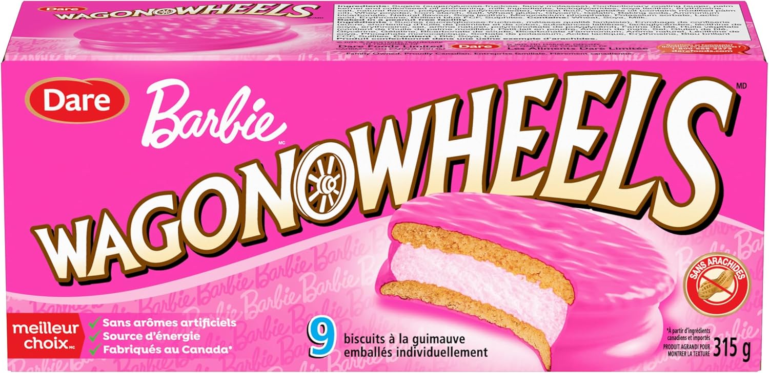 Box of Dare Barbie Wagon Wheels with pink and gold design