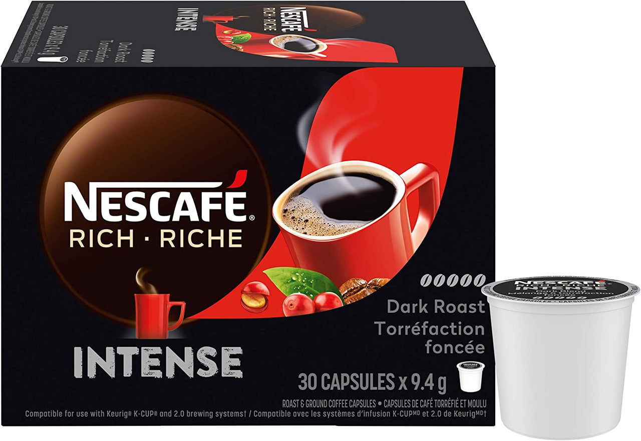 Nescafé Rich Intense Dark Roast Coffee, K-Cups, 30 Count, 1 Box {Imported from Canada}