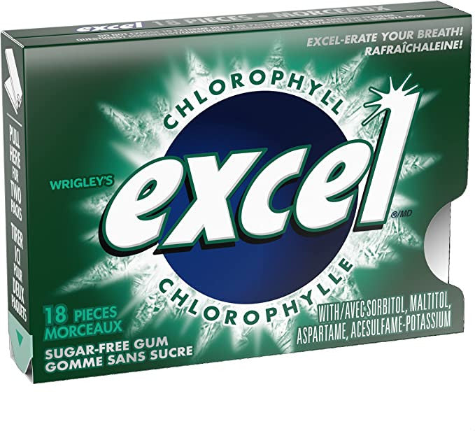 Excel Sugar Free Gum Chlorophyll 3-Pack, 18 pieces each {Imported from Canada}