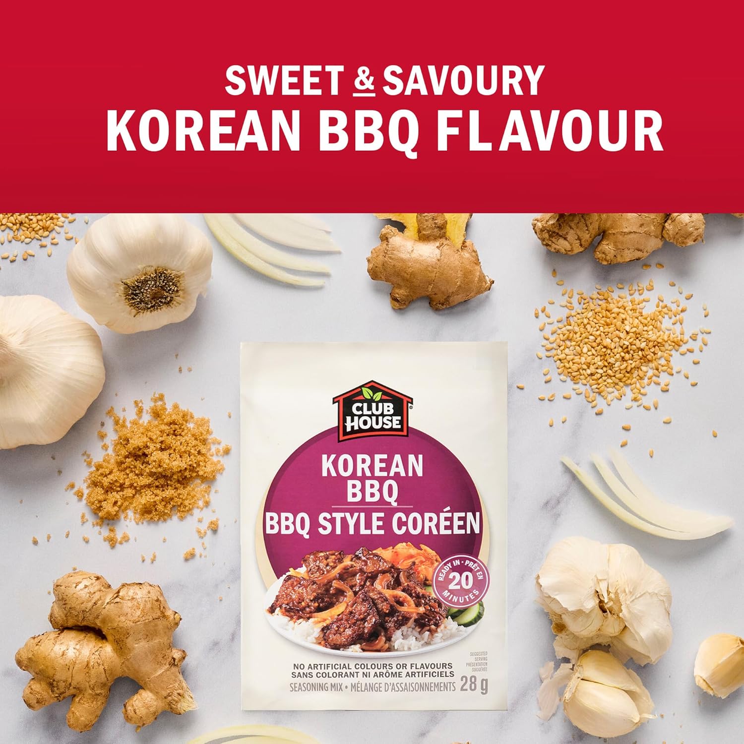 Club House Korean BBQ seasoning packet surrounded by ingredients on a light background