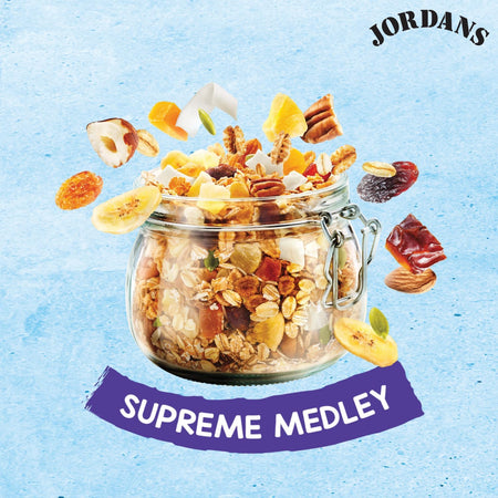 Jordans Morning Muesli Cereal, Supreme Medley in a jar.