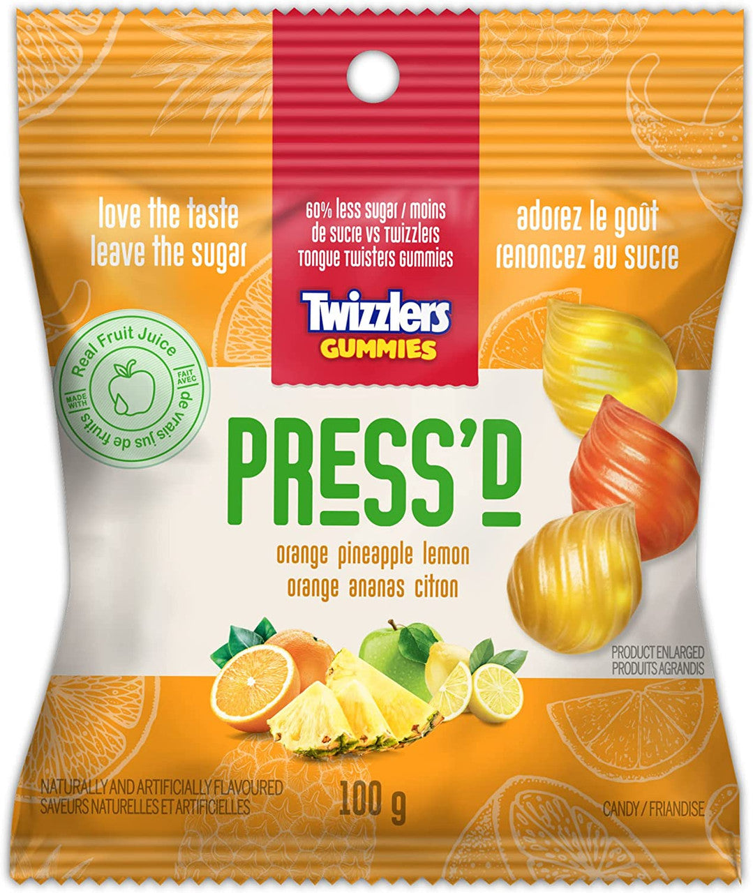 Twizzlers Press'd Fruit Gummies, Orange, Pineapple & Lemon Flavors, 100g/3.5 oz., Bag {Imported from Canada}