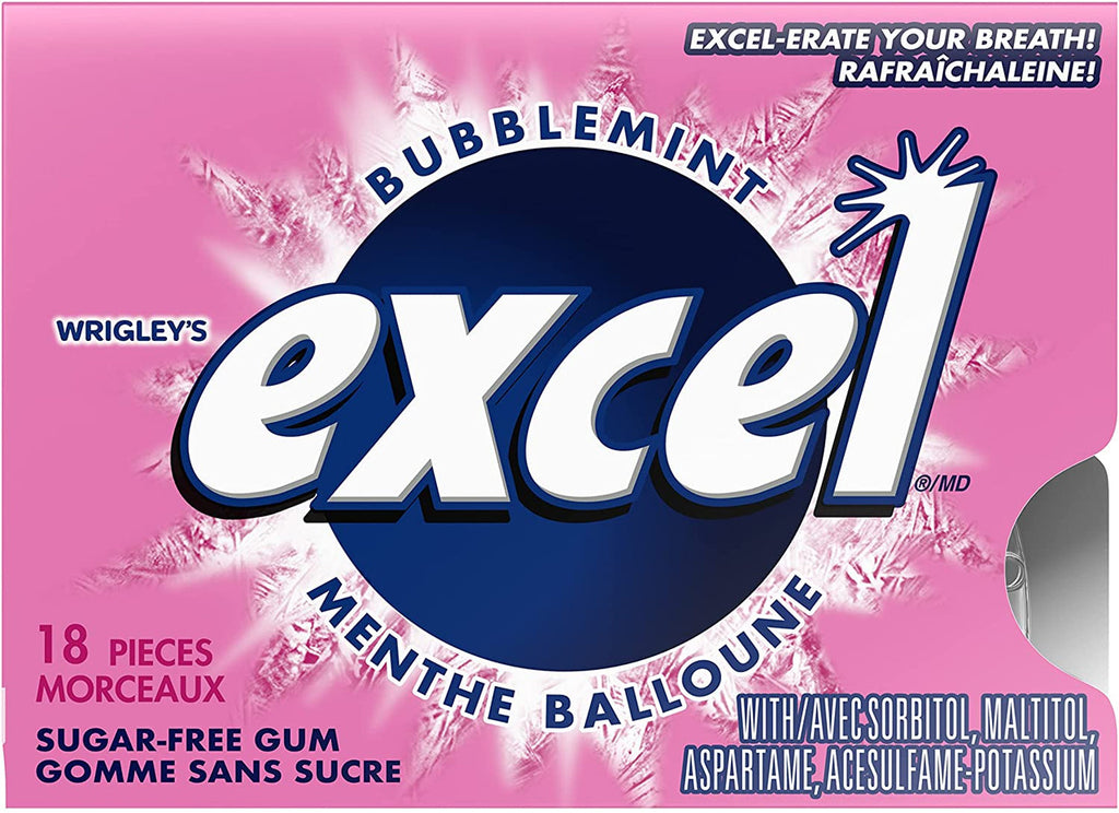 Excel Sugar-Free Gum, Bubblemint, 3 packets of 18 pieces, (Imported from Canada)