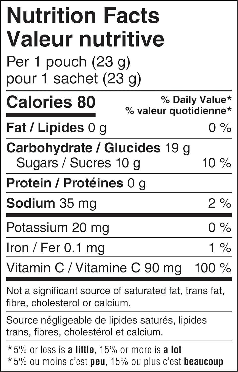 Nutrition facts label for Mott's Fruitsations + Veggie Berry Gummies, 40 Pouches - 907g with 80 calories per pouch, 10 grams of sugar, and 90 mg of vitamin C.