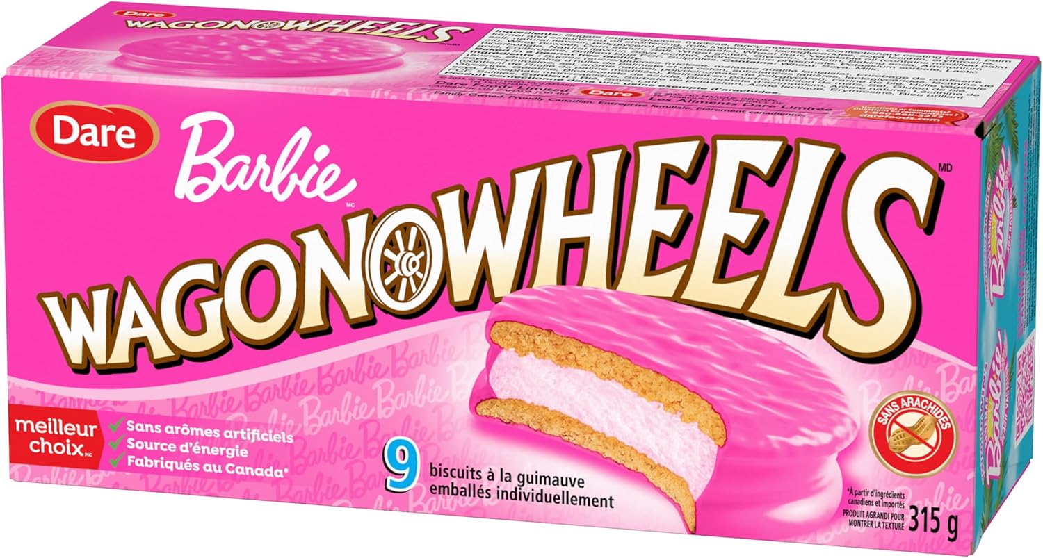 Box of Dare Barbie Wagon Wheels cookies with pink packaging