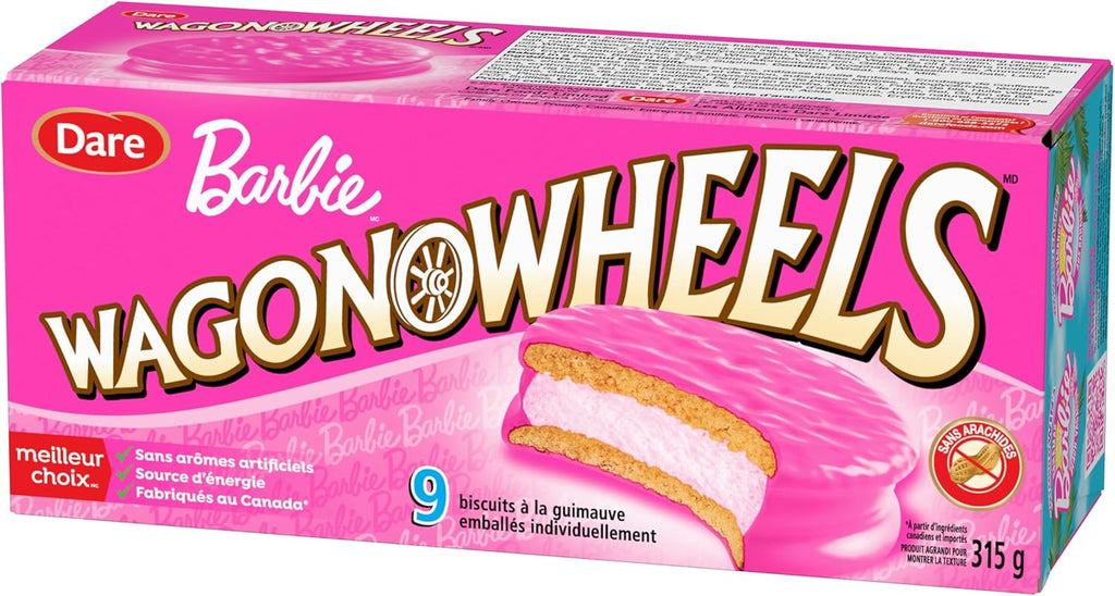 Box of Dare Barbie Wagon Wheels cookies with pink packaging