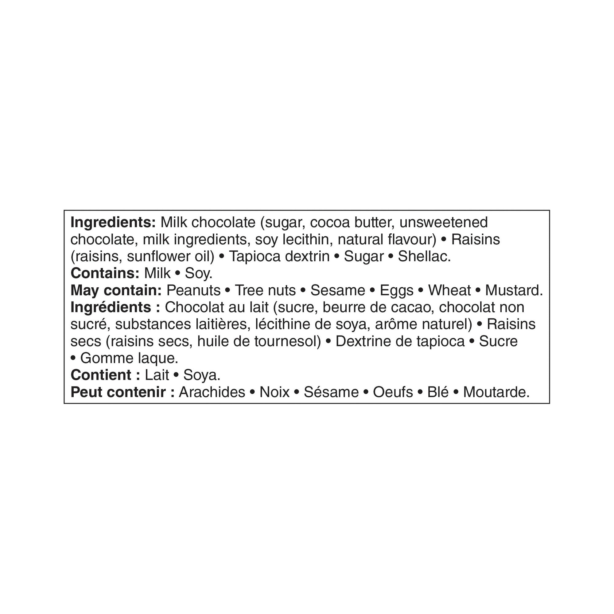 Ingredients list for Great Value Milk Chocolate Covered Raisins, 908g on a white background