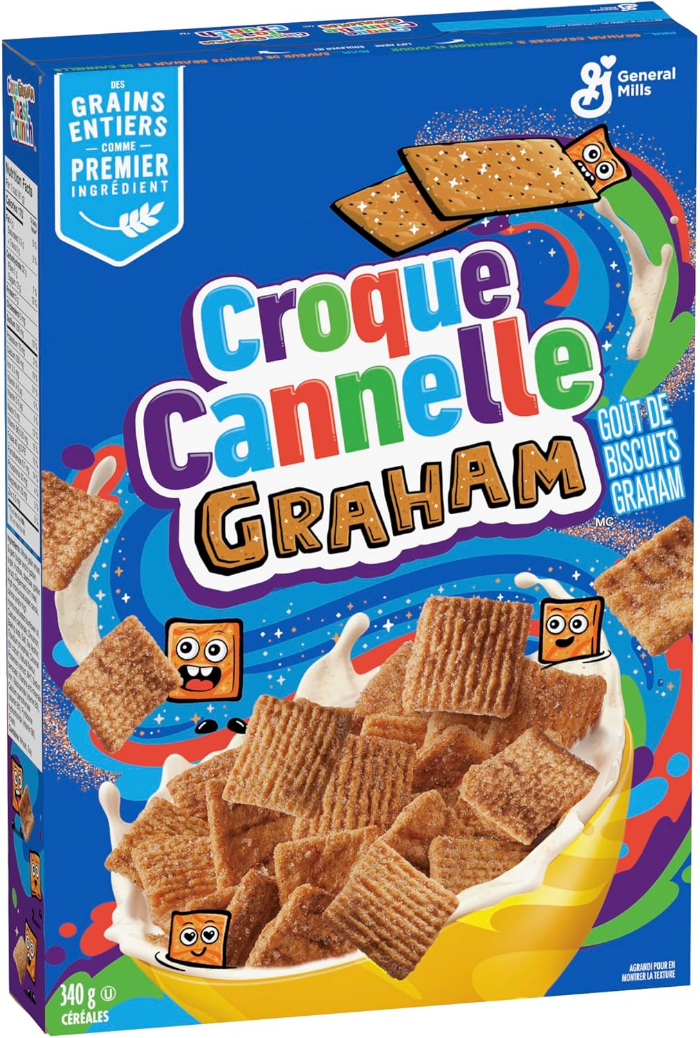 Box of CinnaGRAHAM Toast Crunch Cereal, 340g/11.9 oz with colorful design and General Mills logo.