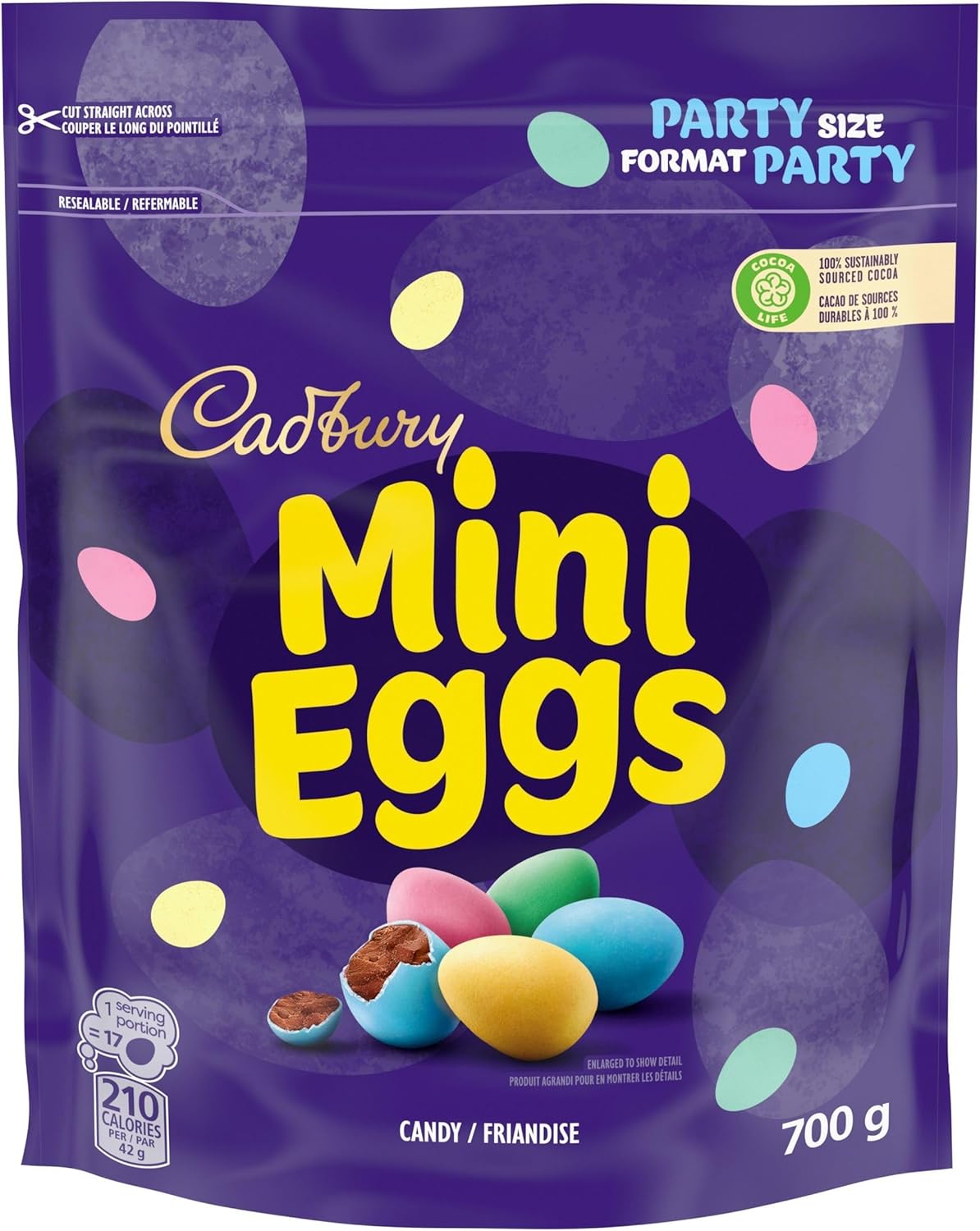 Cadbury Mini Eggs 700g/24.6 oz with colorful eggs on a purple background