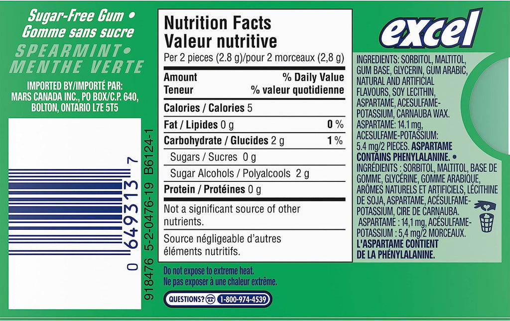 Excel Sugar-Free Gum, Spearmint, 12 Count (2 Pack) {Imported from Canada}