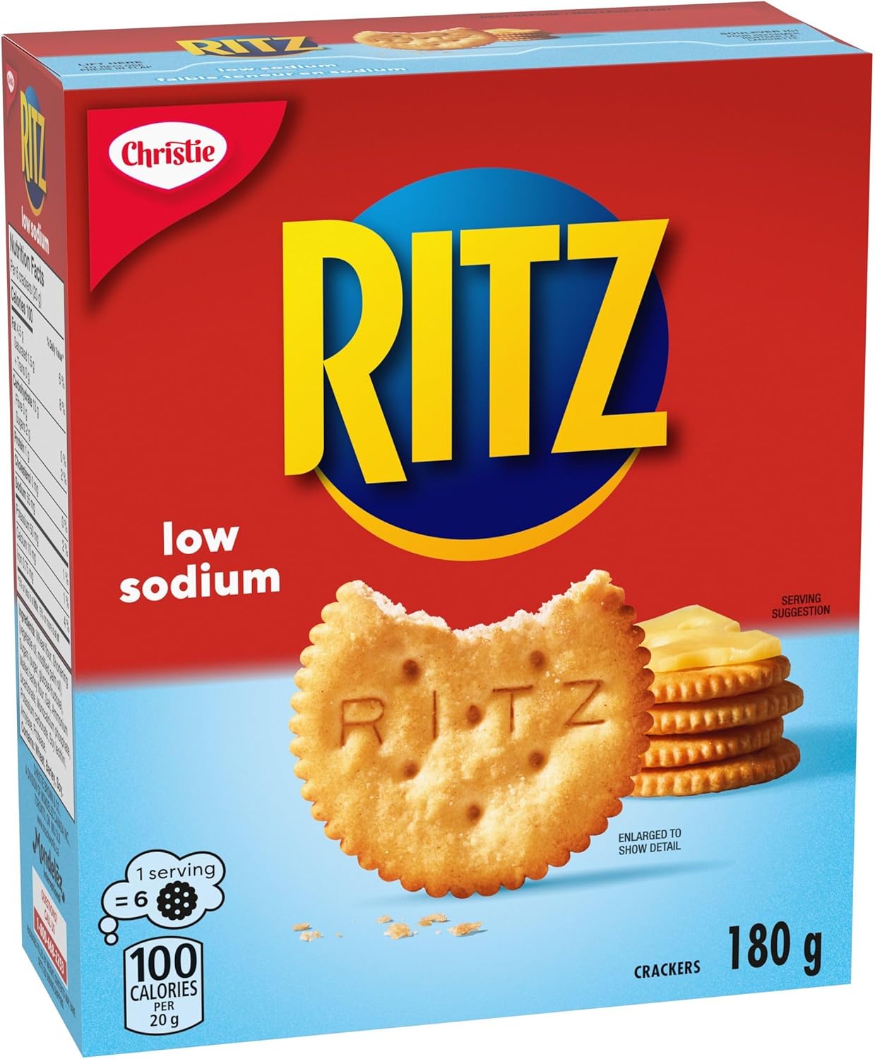 Box of Ritz Low Sodium Crackers, 180g/6.3 oz with red and blue design.