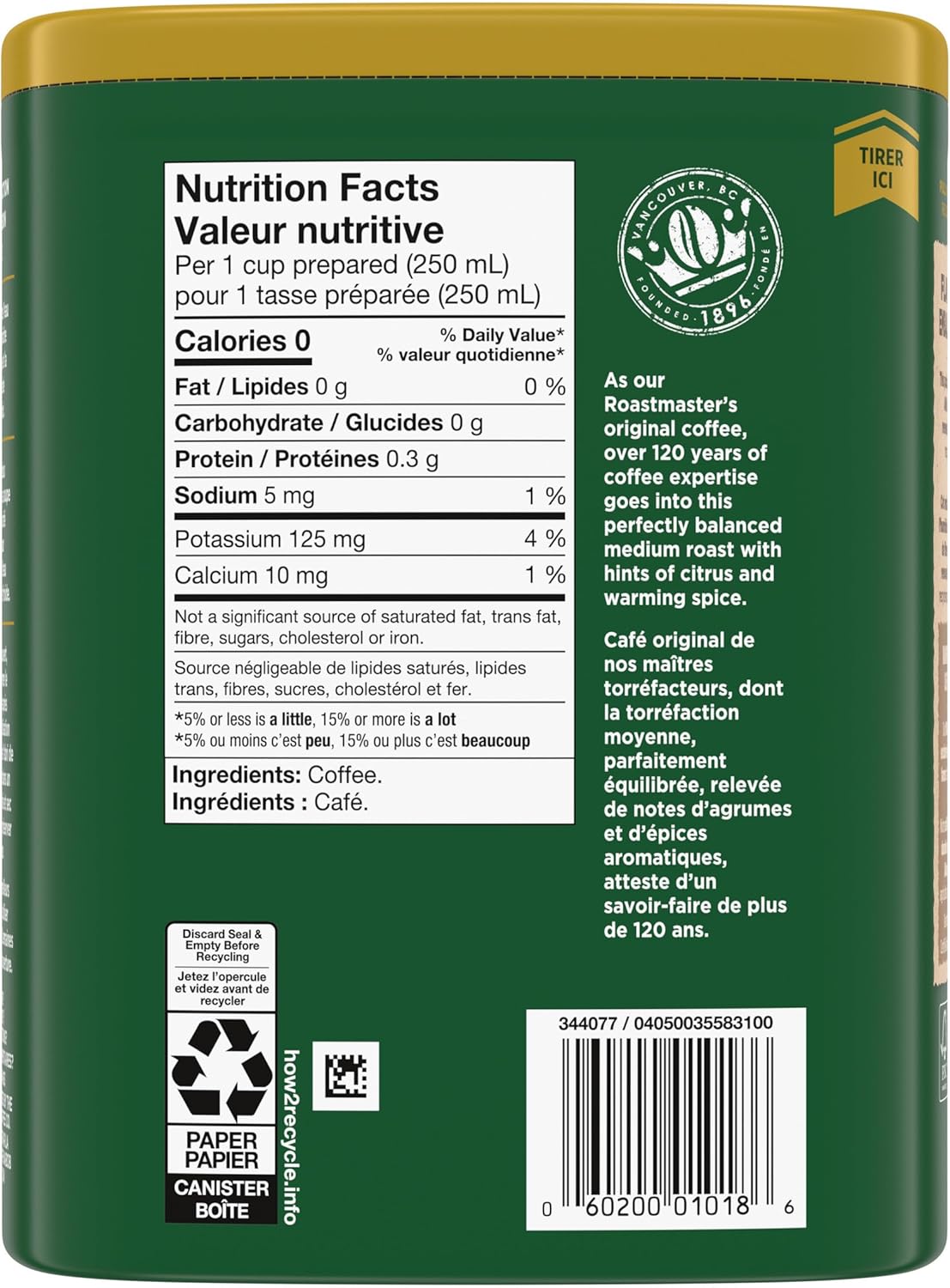 Back of Nabob 1896 Tradition Medium Roast Ground Coffee, 340g/12 oz., Box