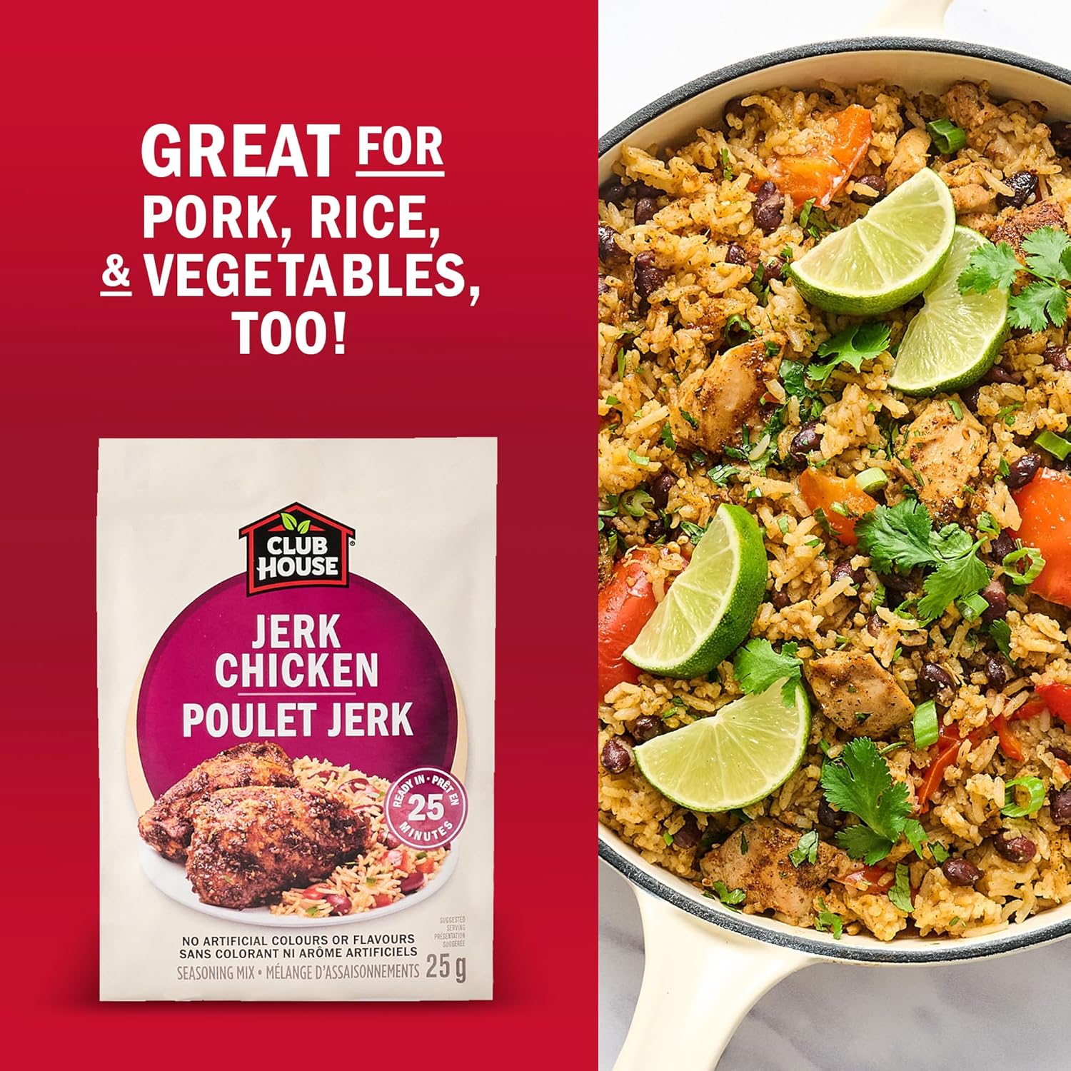 Jerk chicken seasoning packet with a dish of rice and vegetables on a red background