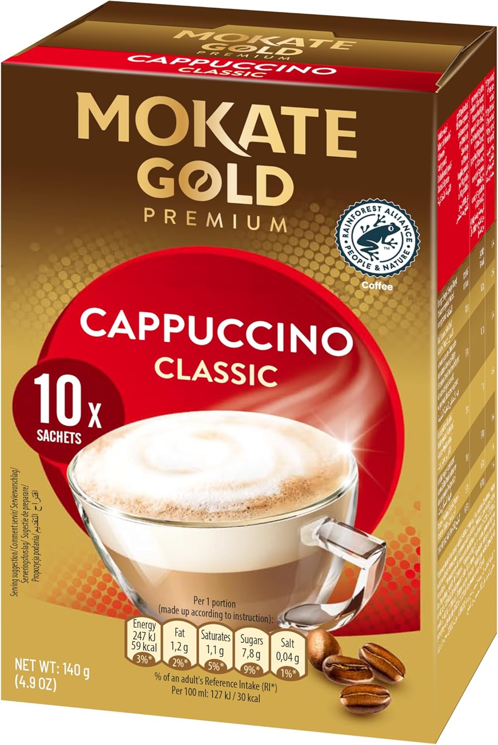 Mokate Gold Premium Cappuccino, Classic, 10 x 14g Single Serve Sachets, 140g/4.9 oz., front of box.
