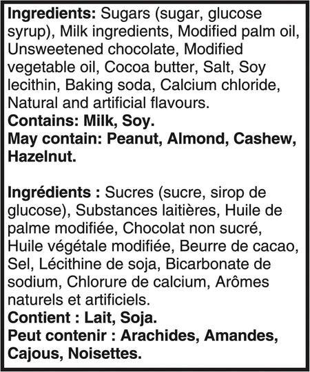 Cadbury Caramilk Snack Size Mini Chocolate Bars (8x10.5g), 84g/2.9 oz - Ingredients Label