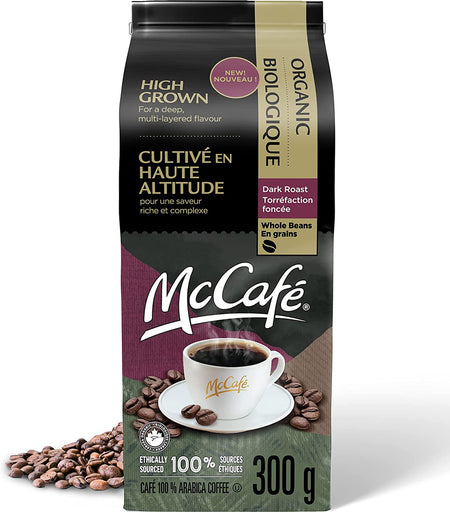 McCafe Organic High Grown, Dark Roast Whole Bean Coffee, 300g/10.5 oz Bag {Imported from Canada}