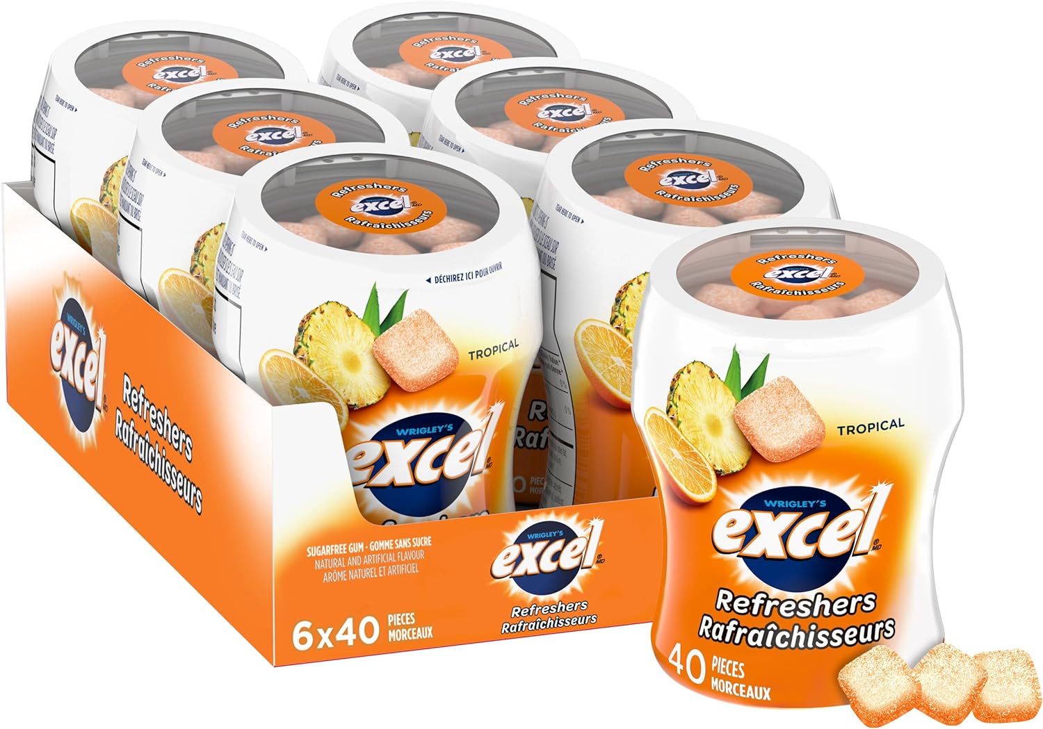 Excel Sugar-Free Gum, Refreshers Tropical, 6 ct. Package, front of package of 6 pack.