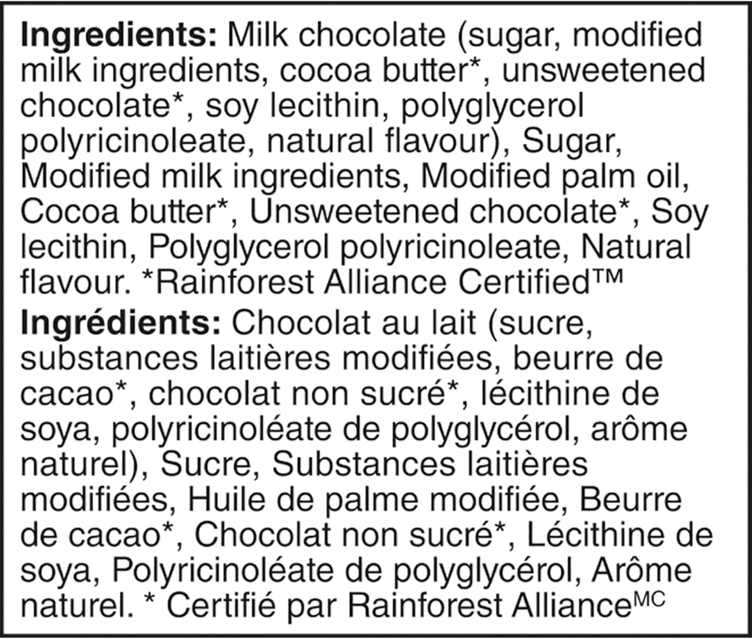 Ingredients list for Nestle AERO Truffle Mousse Milk Chocolate Bar - 105g with a focus on chocolate and dairy ingredients.