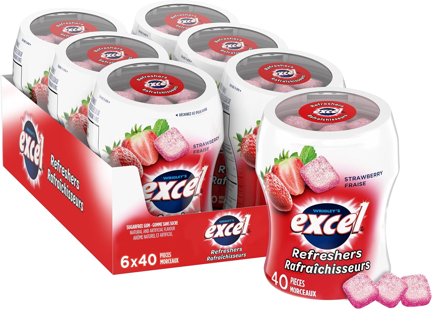 Exel Sugar-Free Gum, Refreshers Strawberry, 6 ct. Package, front of package.