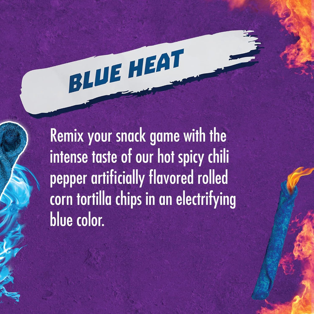 Takis Blue Heat Rolled Tortilla Chips, 80g, blue heat label.