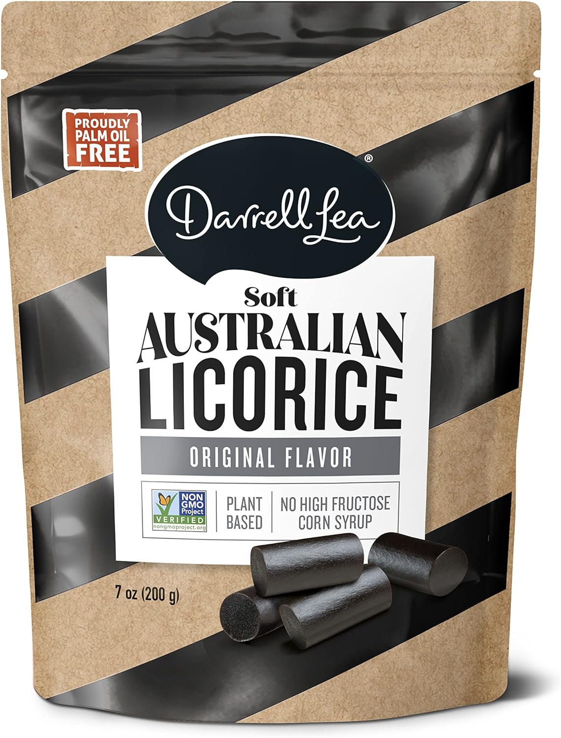 Darrell Lea Soft Australian Plant Based Licorice, Original Flavor, 200g, front of bag.
