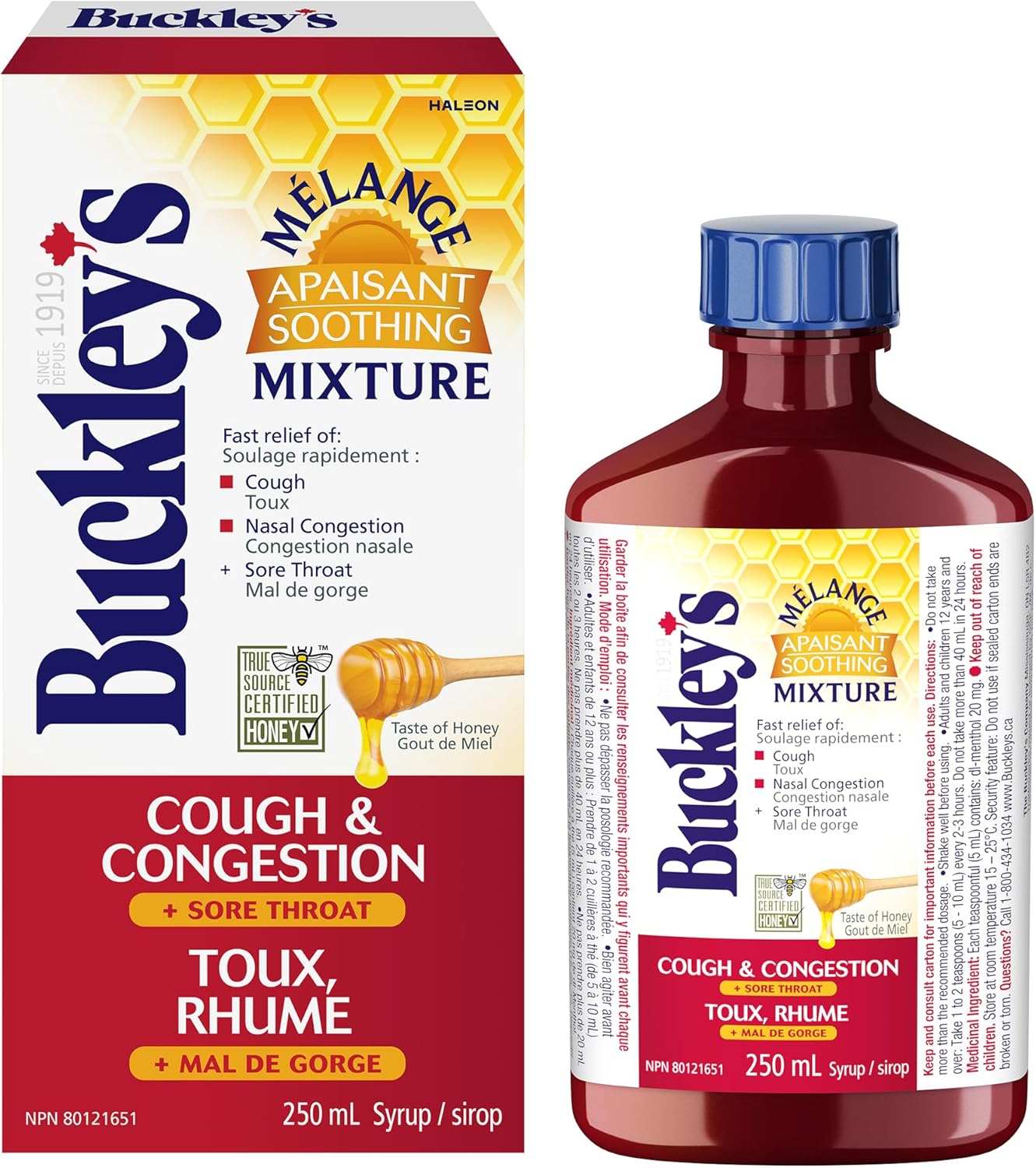 Buckley's Cough & Congestion + Sore Throat Syrup, Soothing Mixture With Honey - 250mL packaging and bottle on a white background