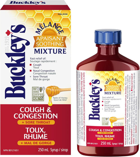 Buckley's Cough & Congestion + Sore Throat Syrup, Soothing Mixture With Honey - 250mL packaging and bottle on a white background