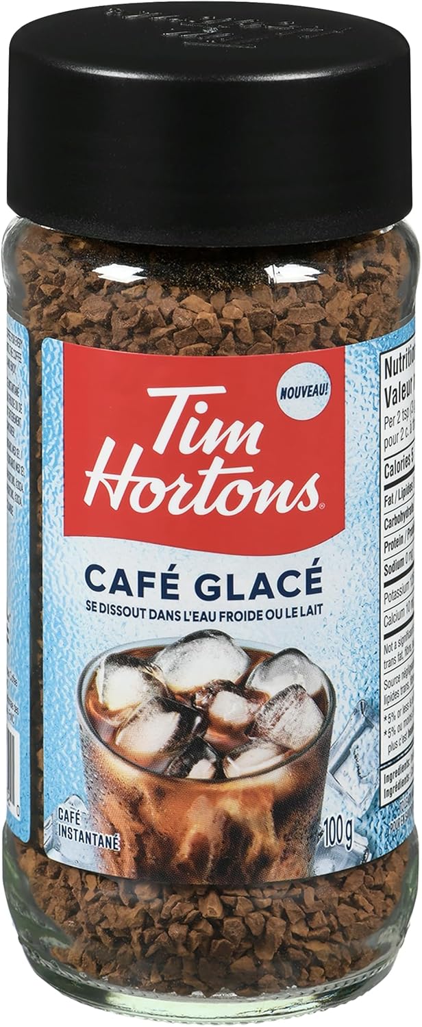 Jar of Tim Hortons Café Glacé instant coffee with a black lid.