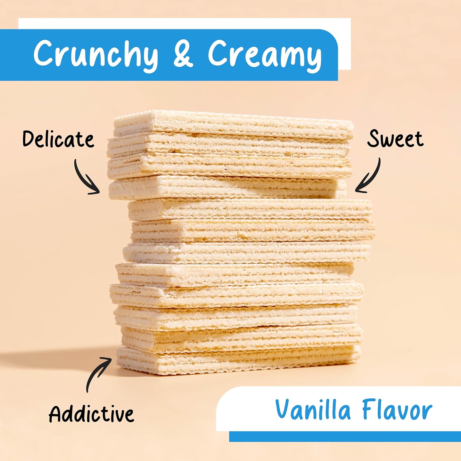 Lady Sarah Vanilla Flavored Cream Filled Wafers, 200g, stacked vanilla wafers.