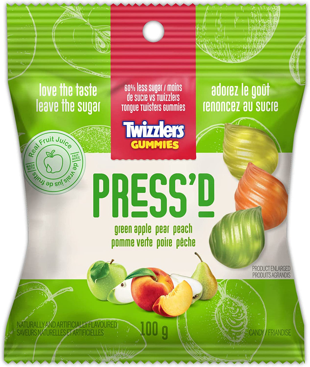Twizzlers Press'd Fruit Gummies, Green Apple, Pear, & Peach Flavors, 100g/3.5 oz., Bag {Imported from Canada}