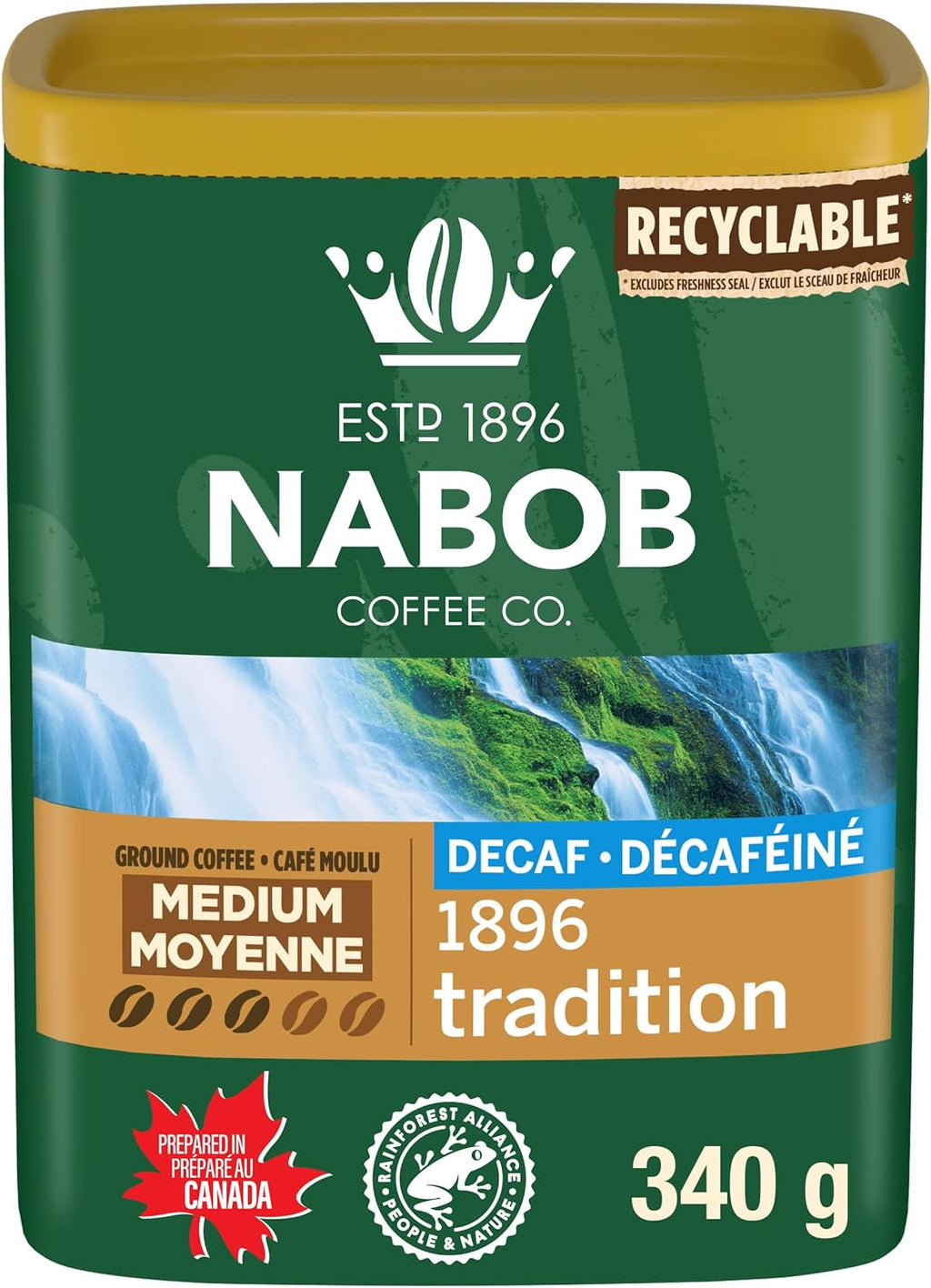 Nabob 1896 Tradition Swiss Water Decaf Medium Roast Ground Coffee, 340g/12 oz Box {Imported from Canada}