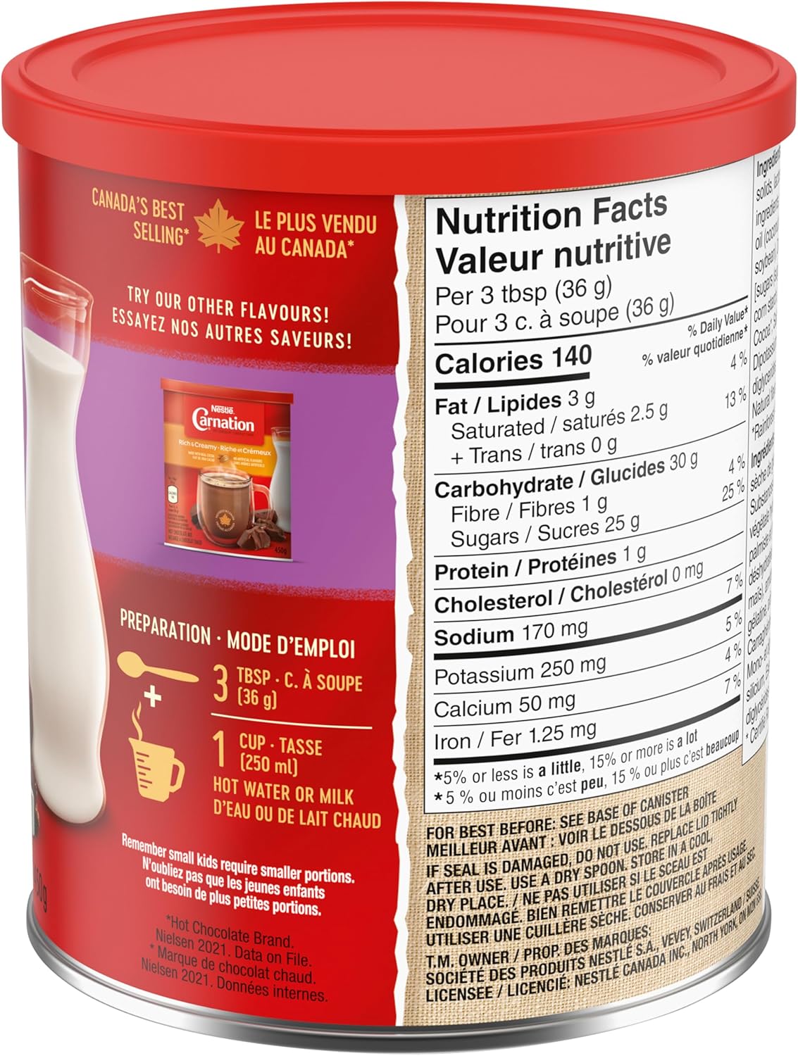 Canister of Carnation Hot Chocolate Marshmallow Drink Mix with nutrition facts label on a white background