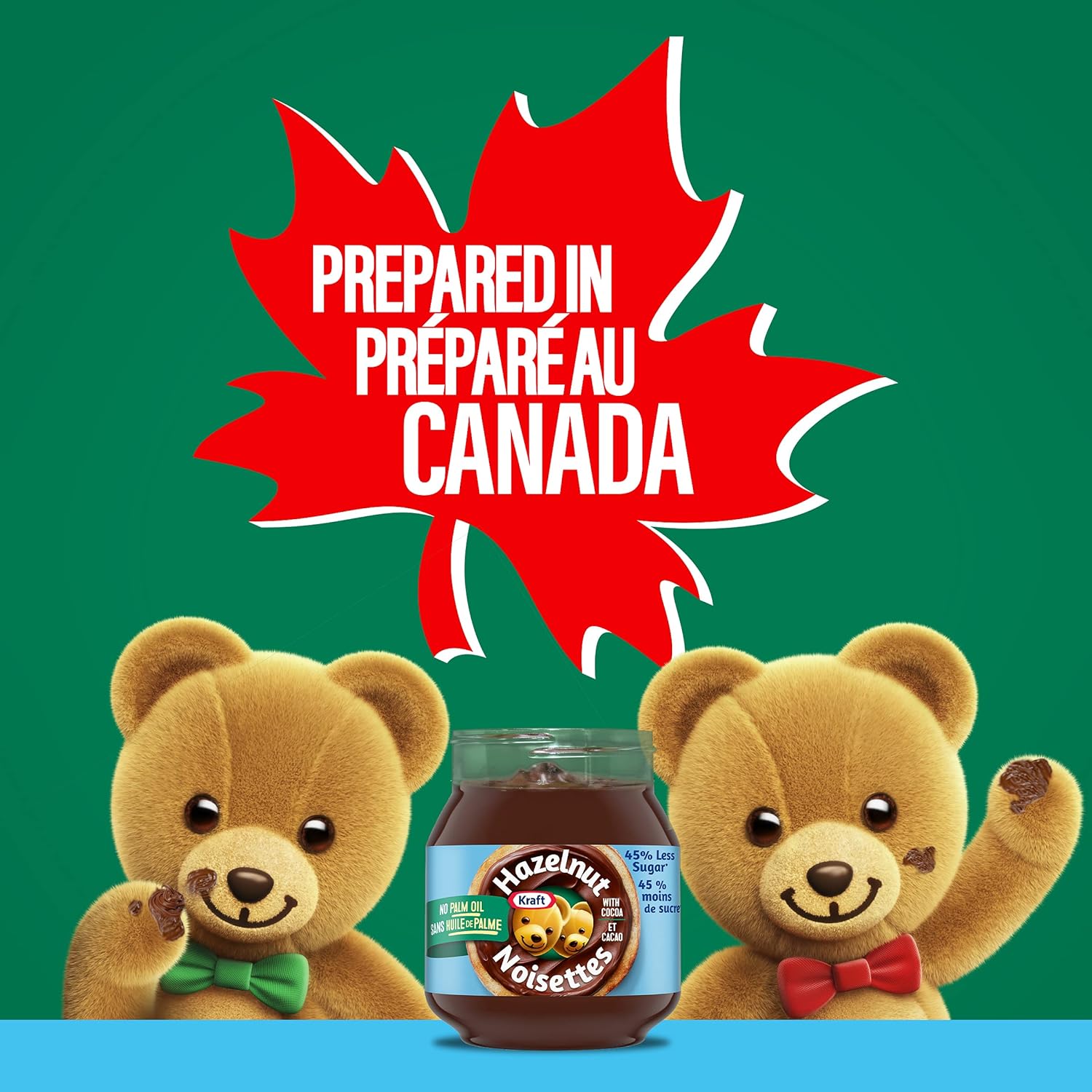 Two teddy bears with a bottle of Hershey's chocolate spread against a green background with a red maple leaf graphic.
