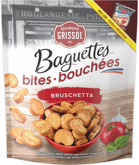 Boulangerie Grissol Baguettes Bites, Bruschetta, 130g, front of bag.