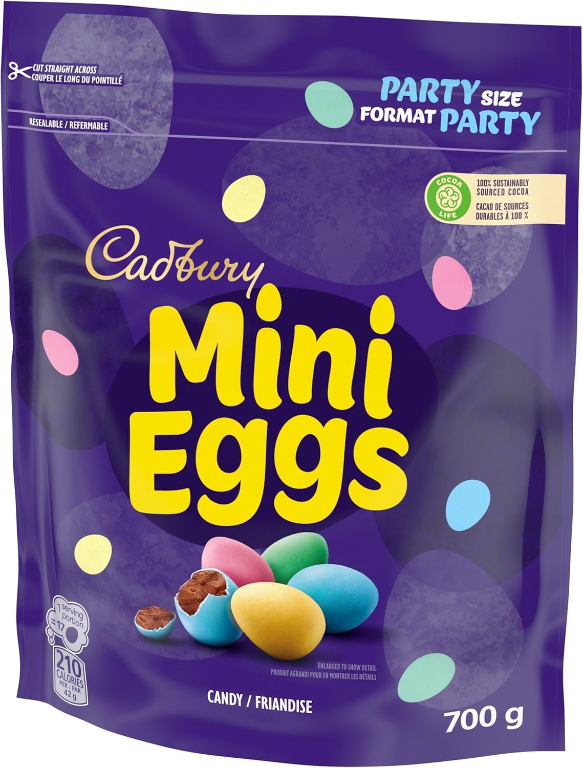 Cadbury Mini Eggs Party-Size 700g/24.6 oz with colorful eggs on a purple background