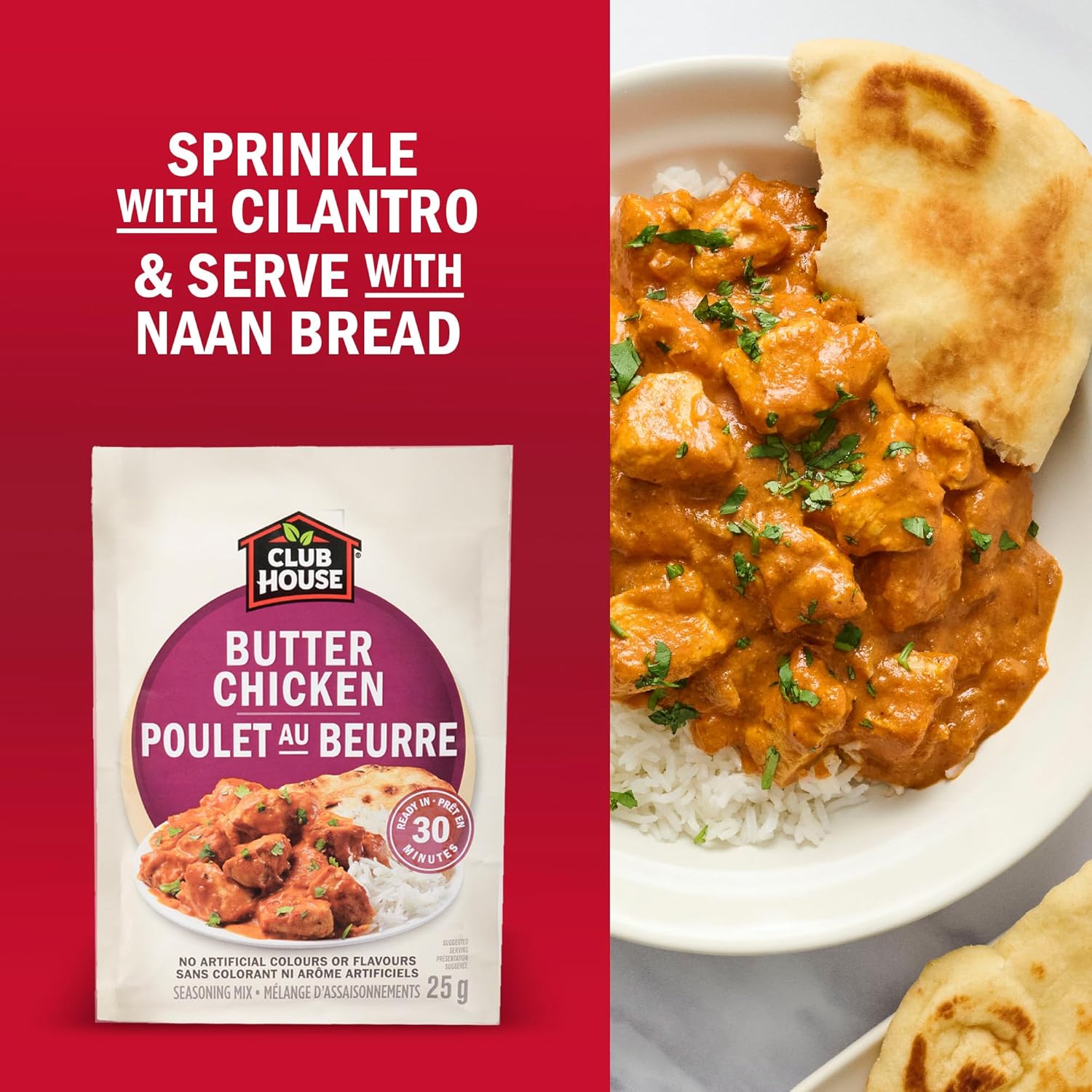 Club House Butter Chicken seasoning packet with a bowl of chicken curry and naan bread on a red background.