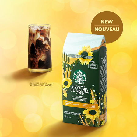 Starbucks SunServe Blend coffee package with a glass of iced coffee on a yellow background