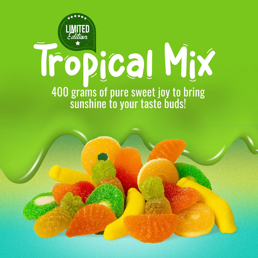 Mondoux Sweet Sixteen Tropical Mix Gummy Candies label.