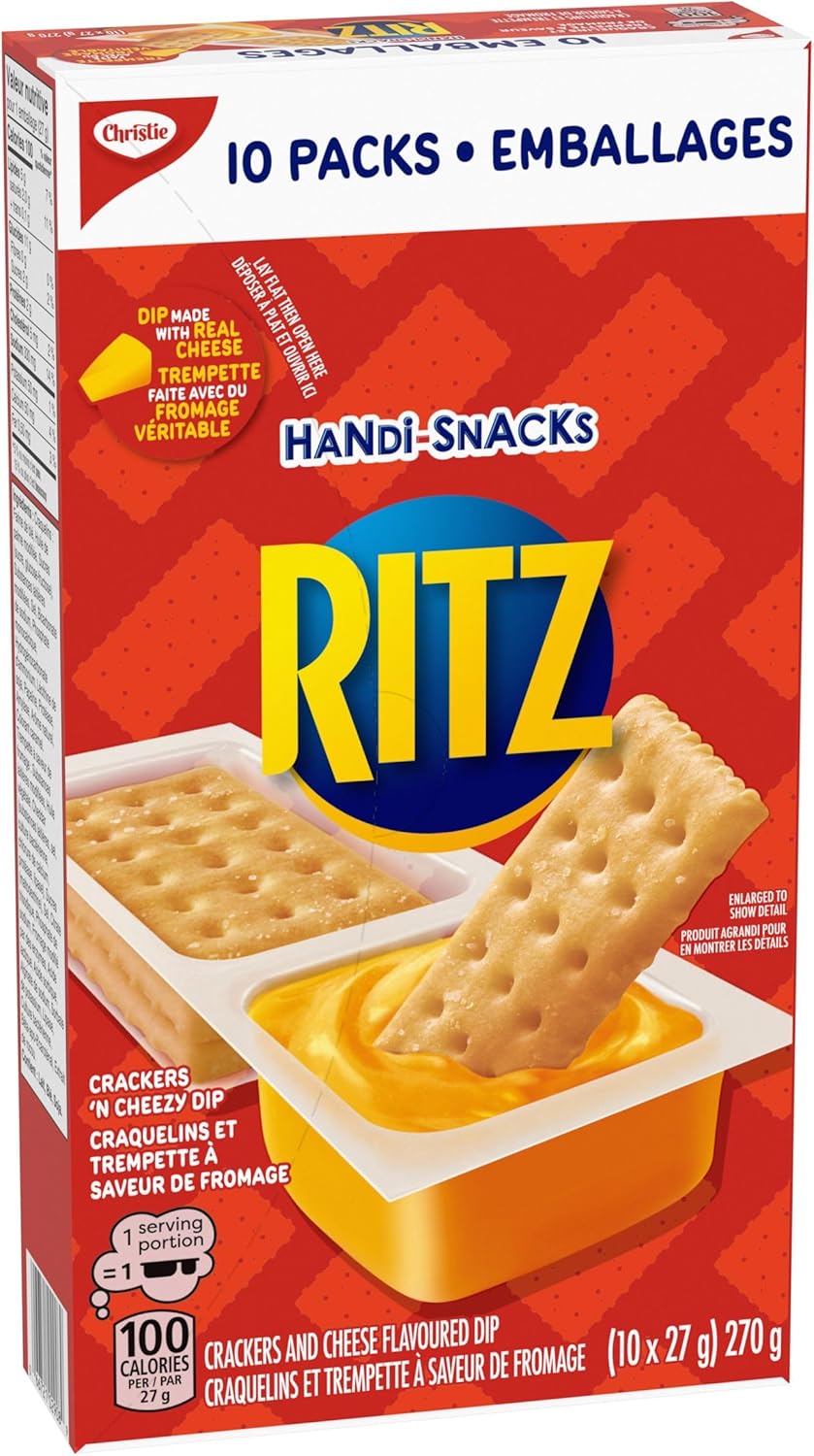 Ritz Handi-Snacks Crackers & Cheese Flavored Dip, (10x27g), 270g/9.5 oz, Front - Box of Ritz Handi-Snacks with crackers and cheese dip on a red background