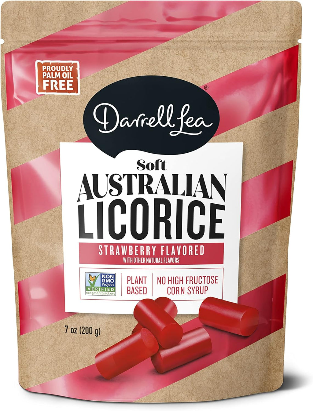 Darrell Lea Soft Australian Plant Based Liquorice, Strawberry Flavor, 200g/7 oz. Bag