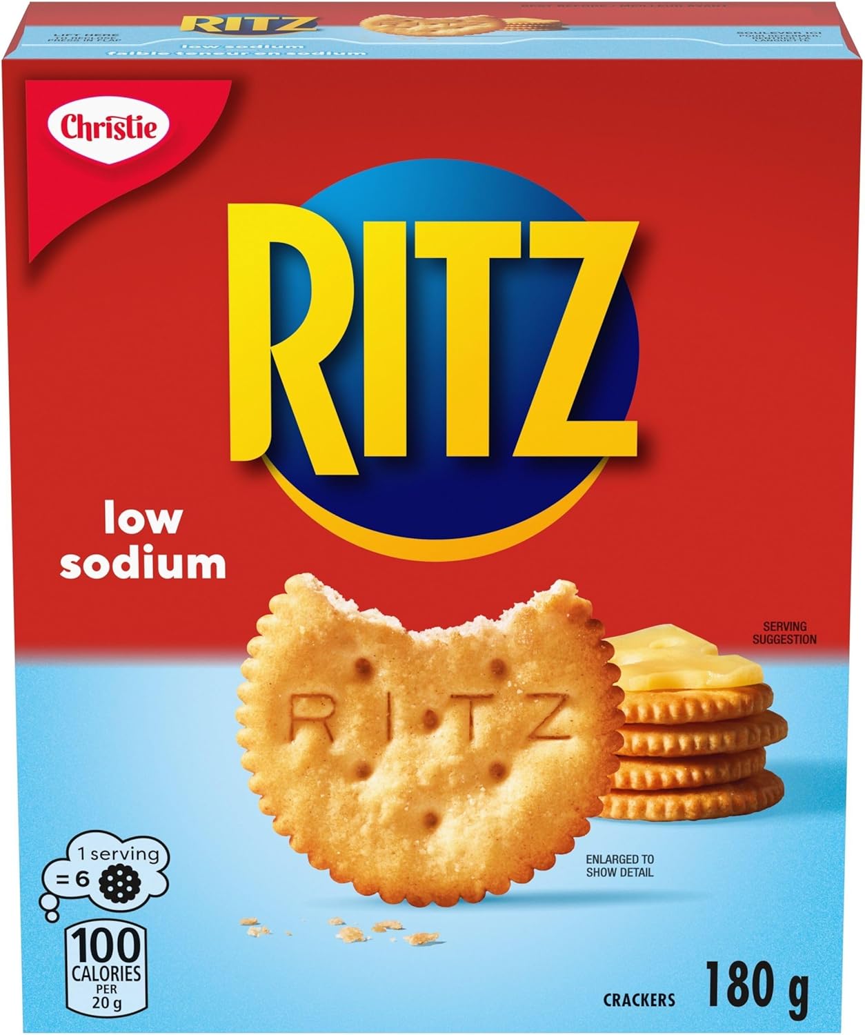 Box of Ritz Low Sodium Crackers, 180g/6.3 oz with a red and blue design.