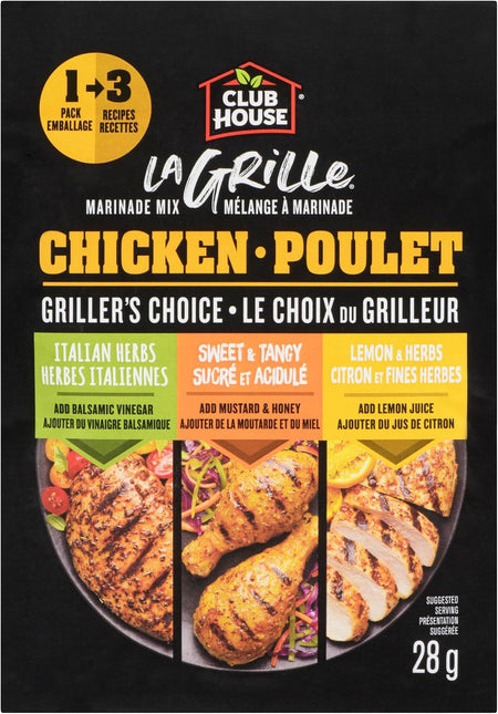 Packaging of Club House La Grille chicken marinade mix with images of grilled chicken and text on a black background.