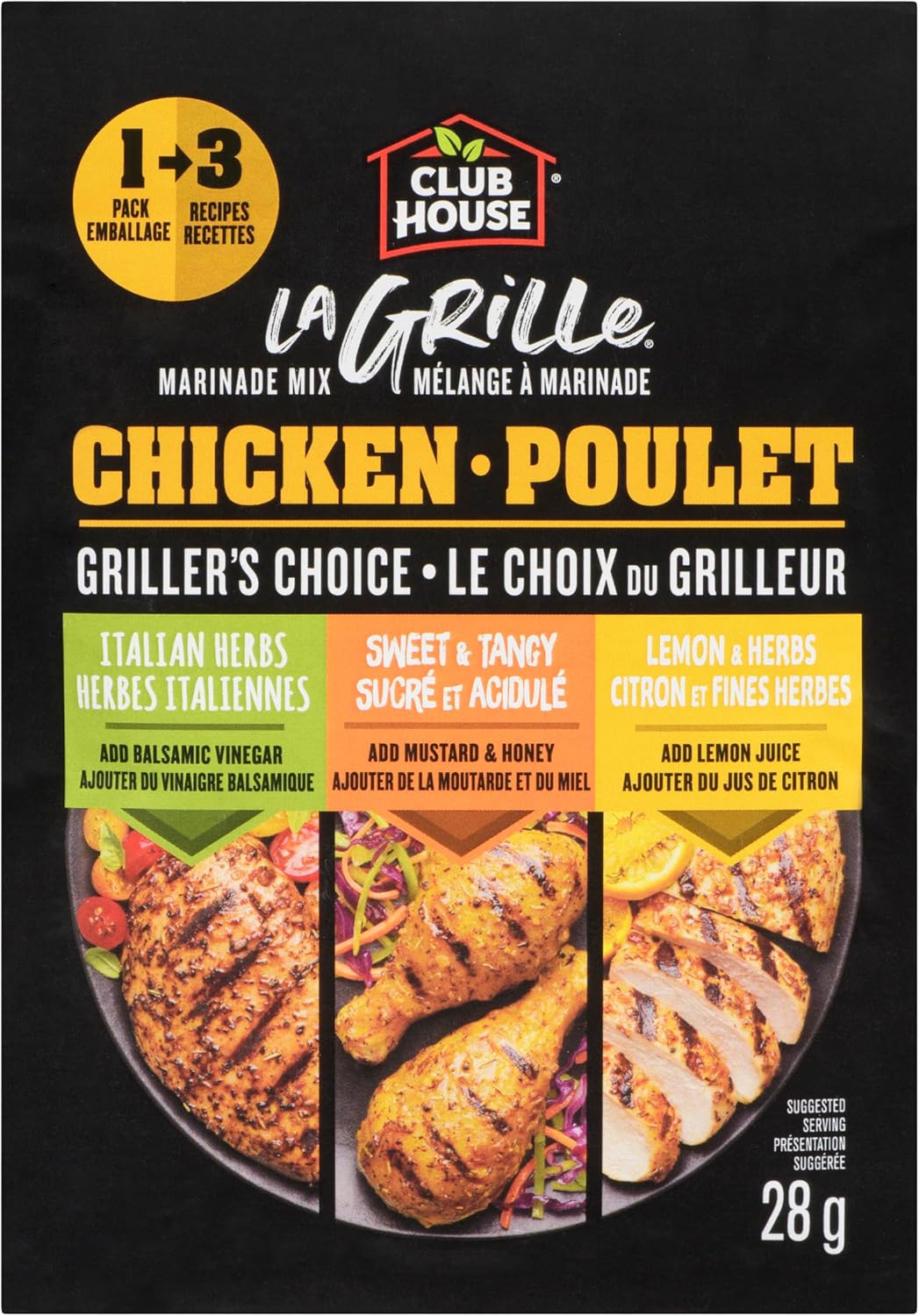 Packaging of Club House La Grille chicken marinade mix with images of grilled chicken and text on a black background.