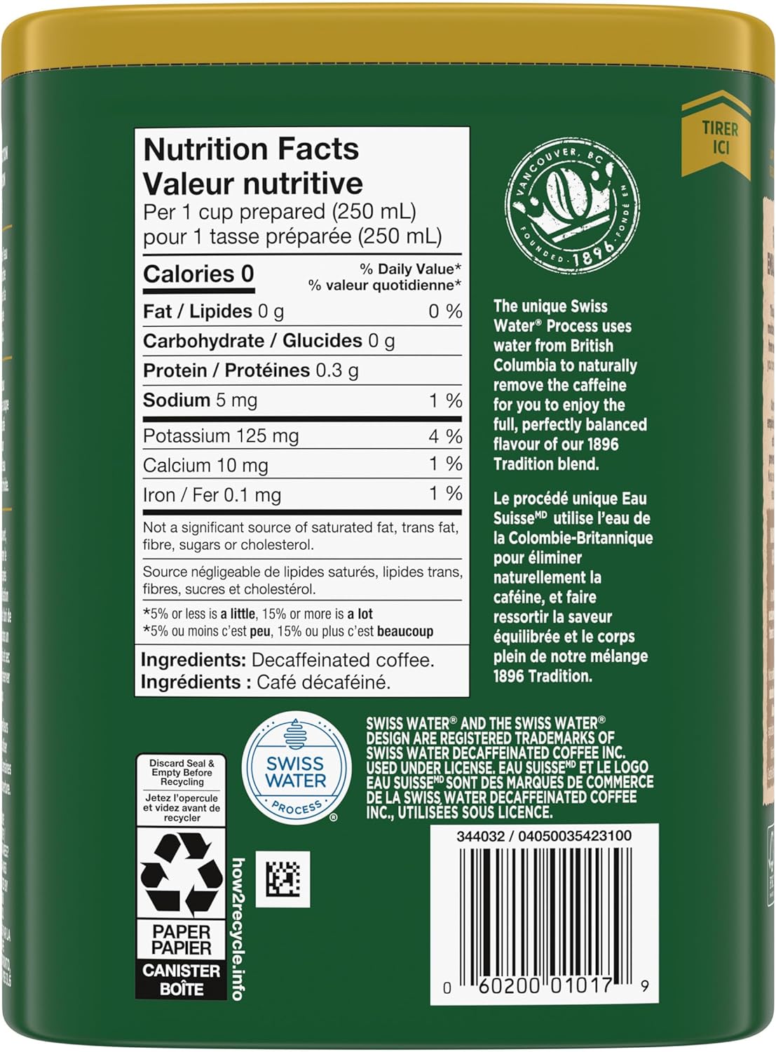 Nabob 1896 Tradition Swiss Water Decaf Medium Roast Ground Coffee, 340g/12 oz