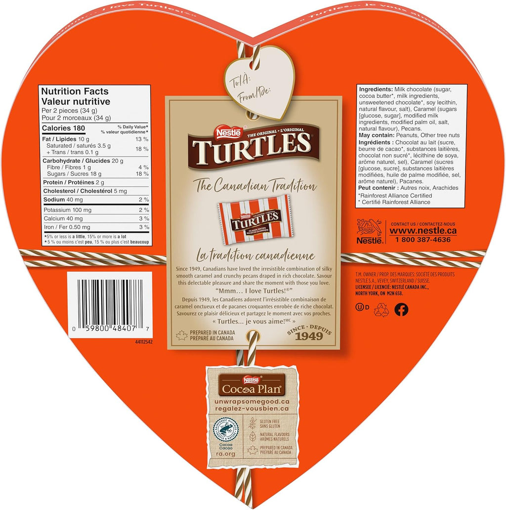 Nestle Turtles Valentine's Day Milk Chocolate Caramel & Pecans Clusters, 183g/6.5 oz. - Back Of Box