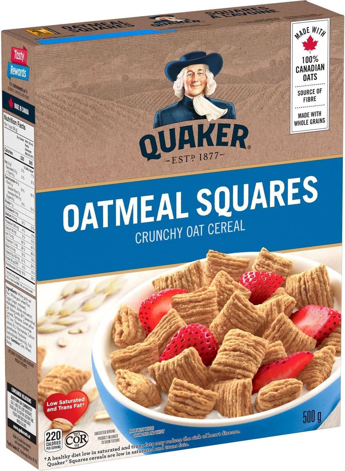 Quaker, Oatmeal Squares, Crunchy Oat Cereal, 500g/17.5 oz. 12 Boxes {Imported from Canada}